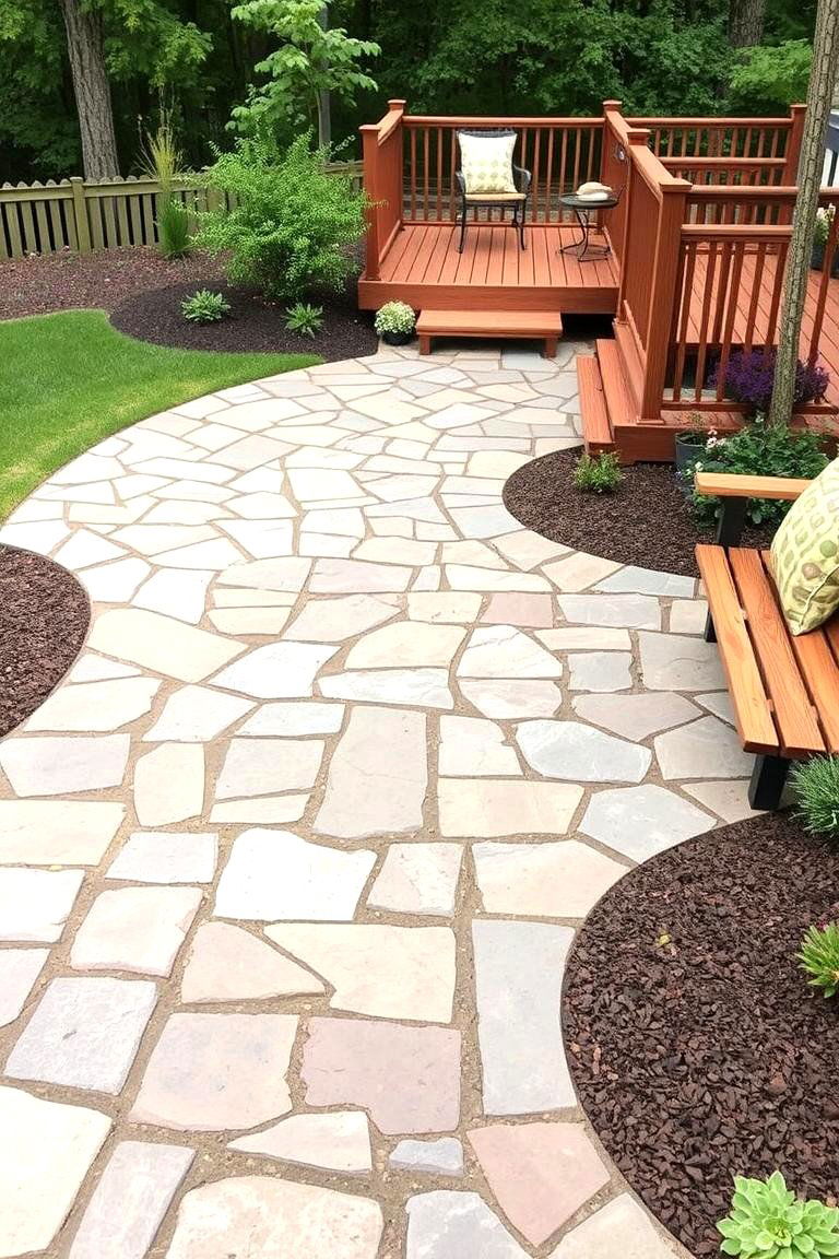 Flagstone with Wooden Elements - 24 Flagstone Patio Ideas