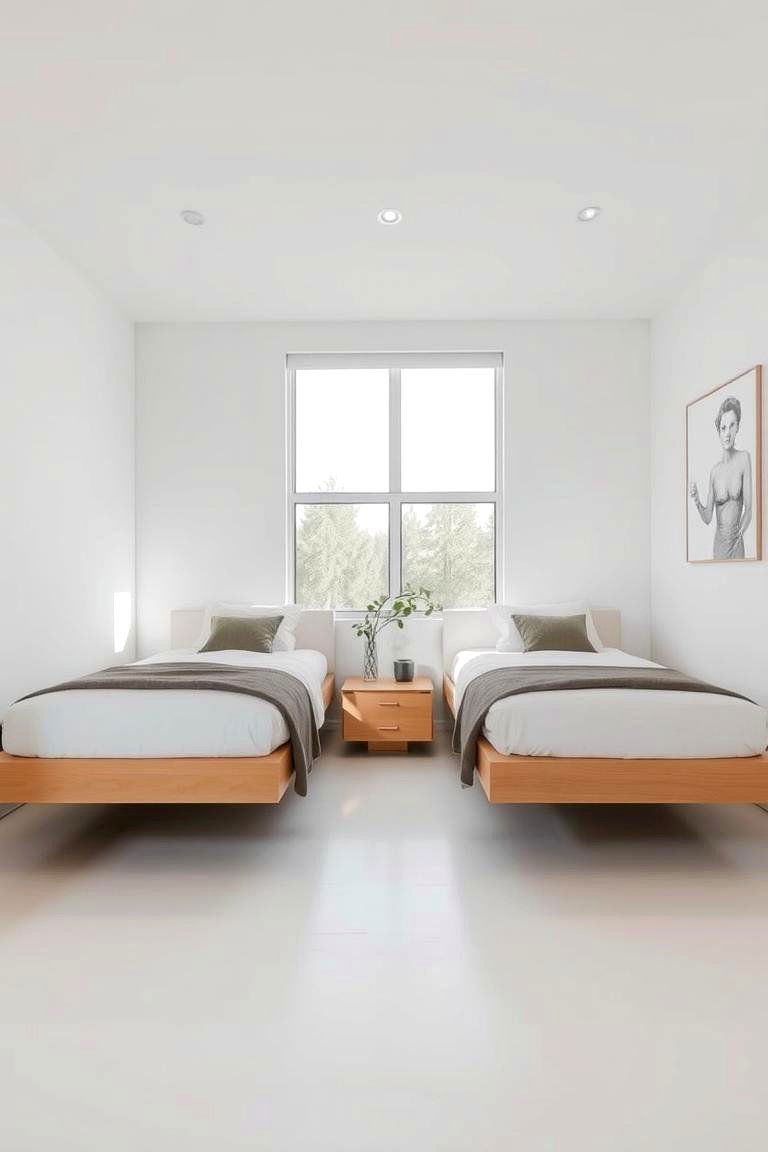 Floating Beds with a Shared Nightstand - 24 2 Beds in One Small Room Ideas