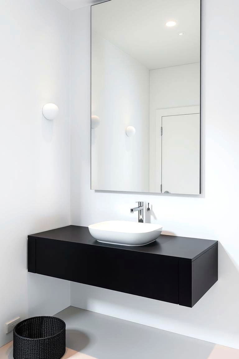 Floating Black Countertop with Frameless Mirror - 24 bathroom with black countertops ideas