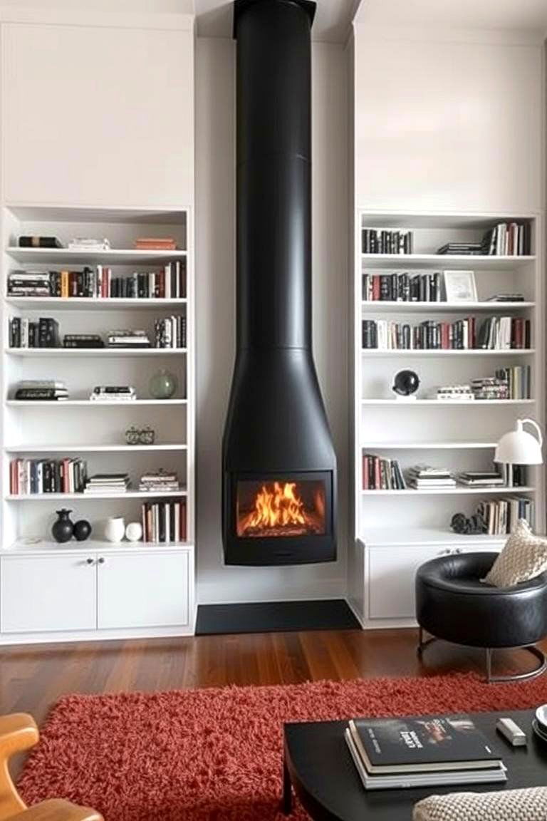 Floating Bookshelves and a Vertical Fireplace - 24 Fireplace With Bookshelves