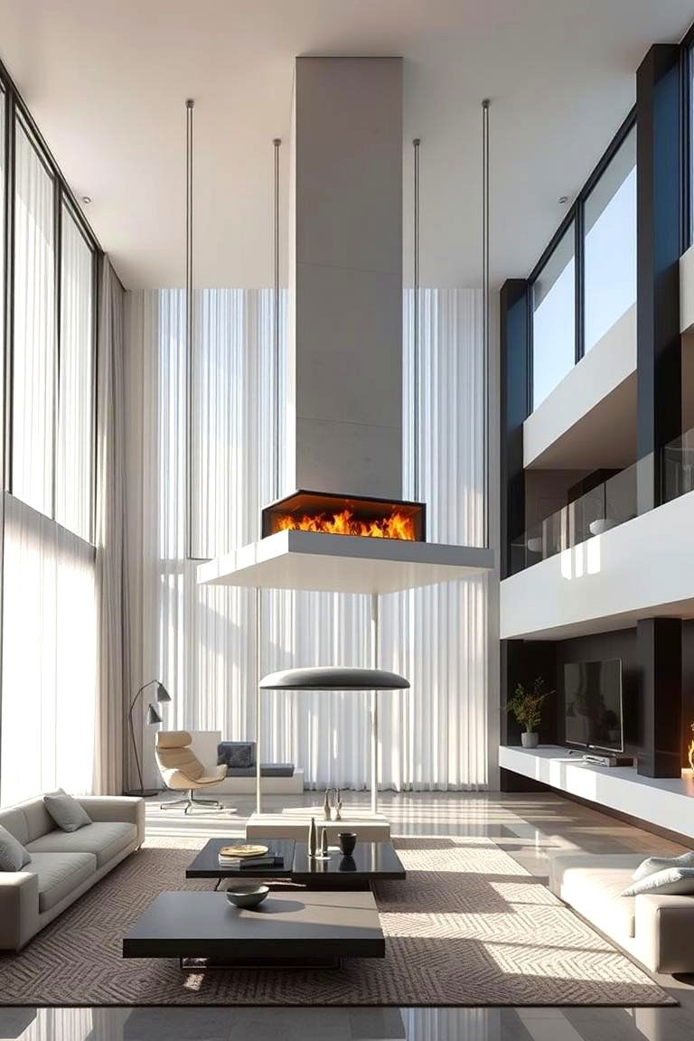Floating Fireplace Feature - 24 Two-story Fireplace Ideas