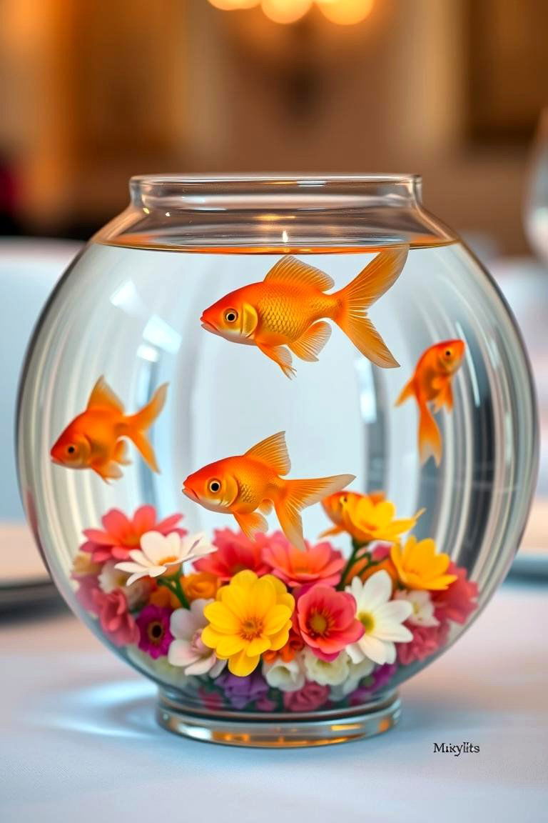 Floating Fish Bowls with Goldfish - 24 Floating Wedding Centerpiece Ideas