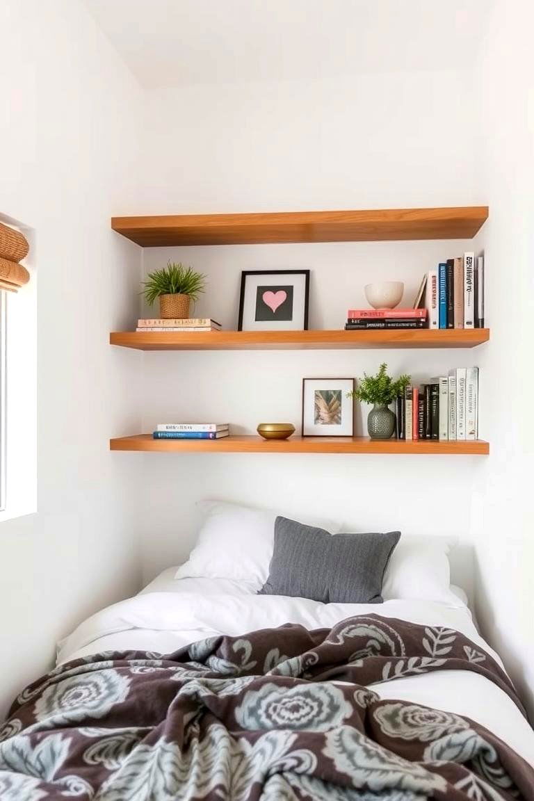 Floating Shelves for Extra Space - 24 Small Bedroom Ideas