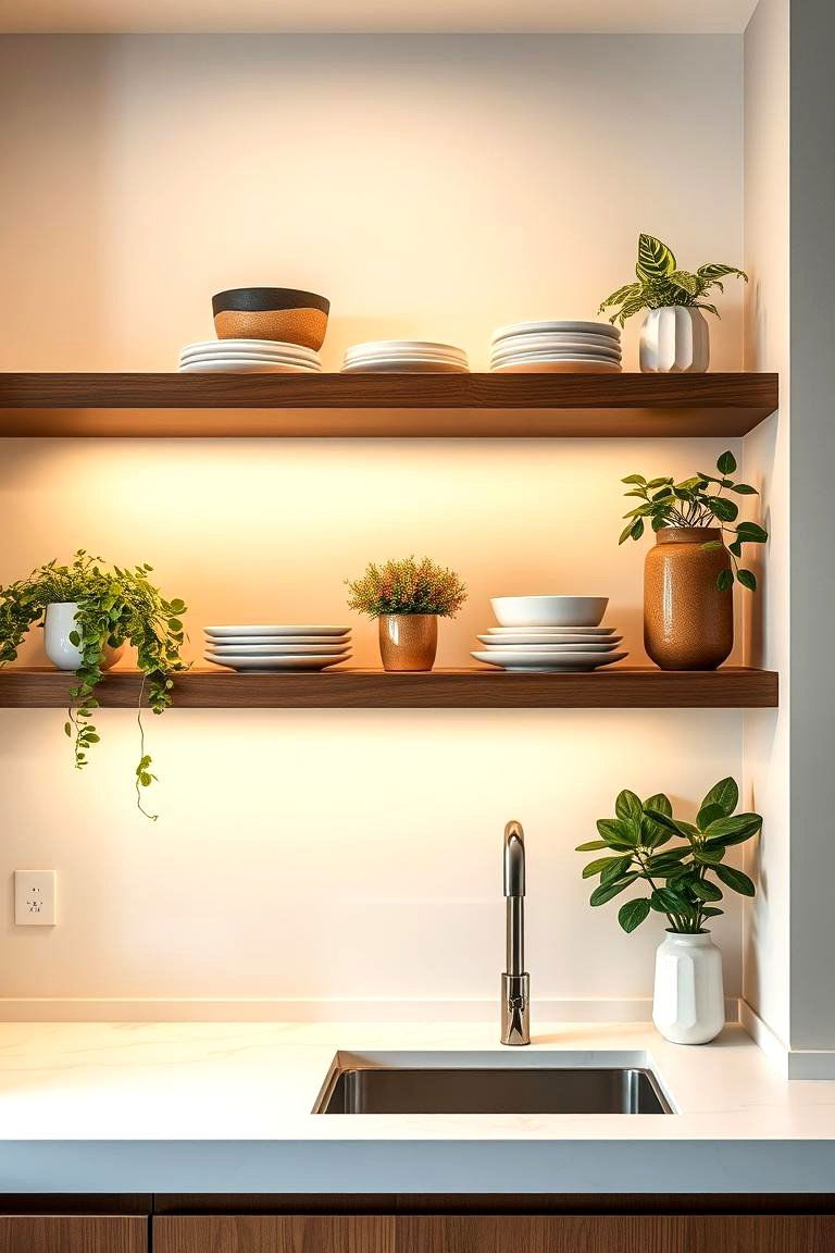 Floating Shelves for a Modern Look - 24 Kitchens Without Upper Cabinets