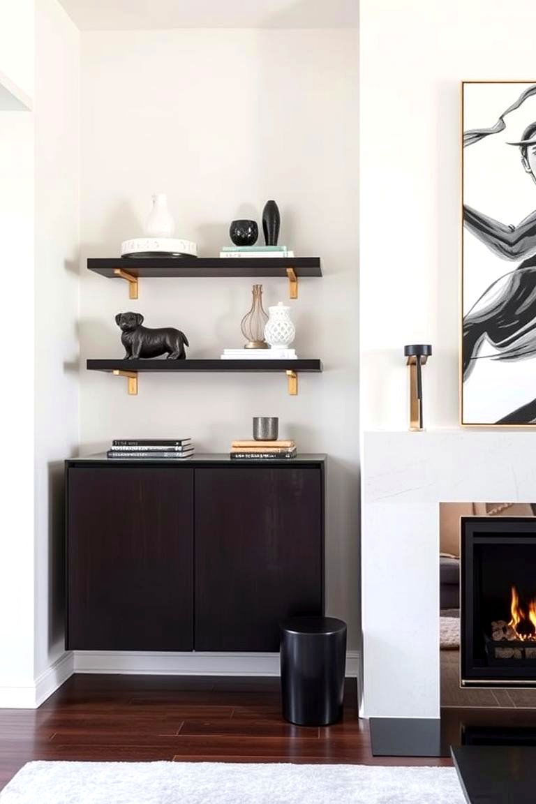 Floating Shelves with Brass Accents - 24 Fireplace Floating Shelves Design Ideas