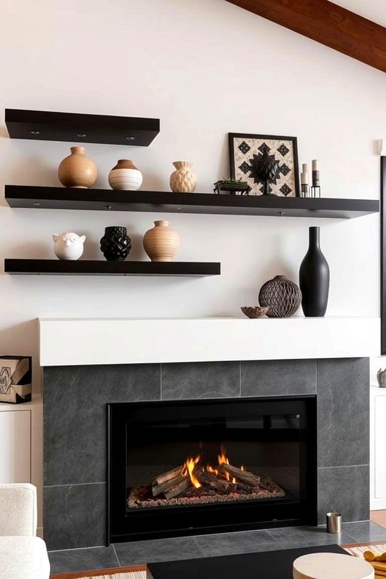 Floating Shelves with Ceramic Vases - 24 Fireplace Floating Shelves Design Ideas