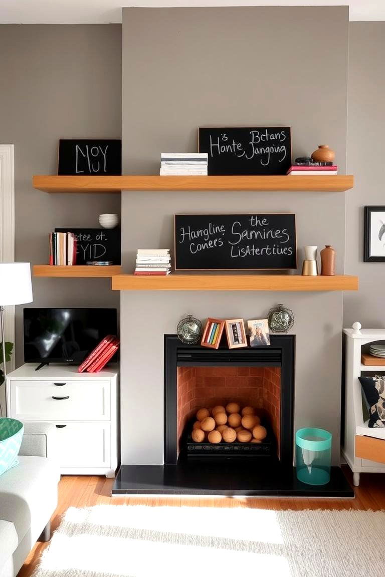 Floating Shelves with Chalkboard Surfaces - 24 Fireplace Floating Shelves Design Ideas