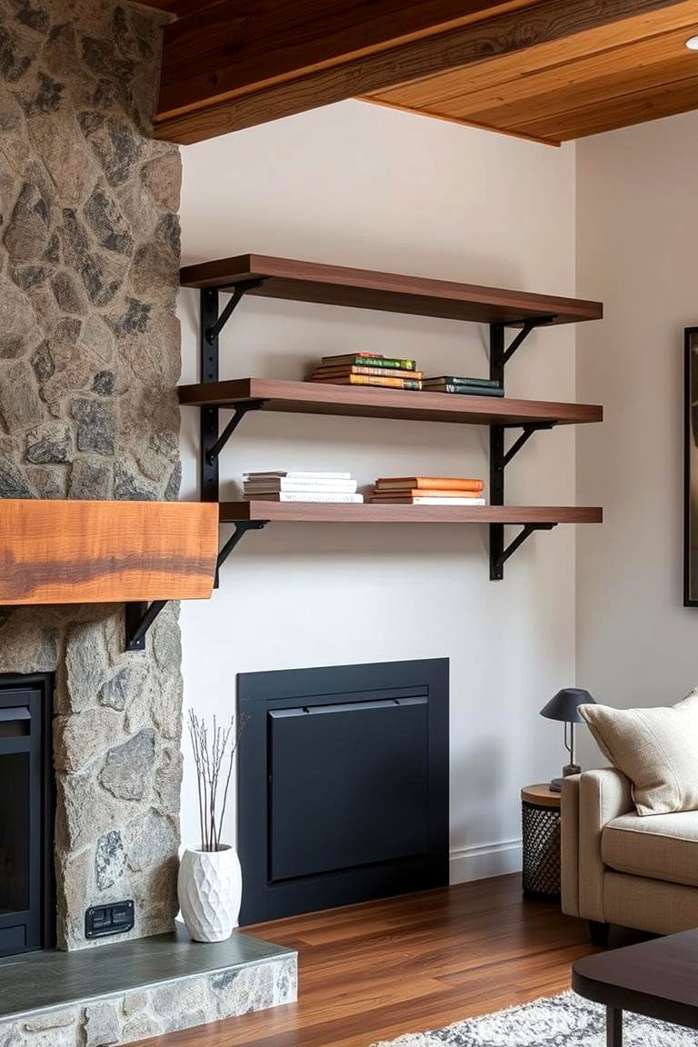 Floating Shelves with Exposed Brackets - 24 Fireplace Floating Shelves Design Ideas