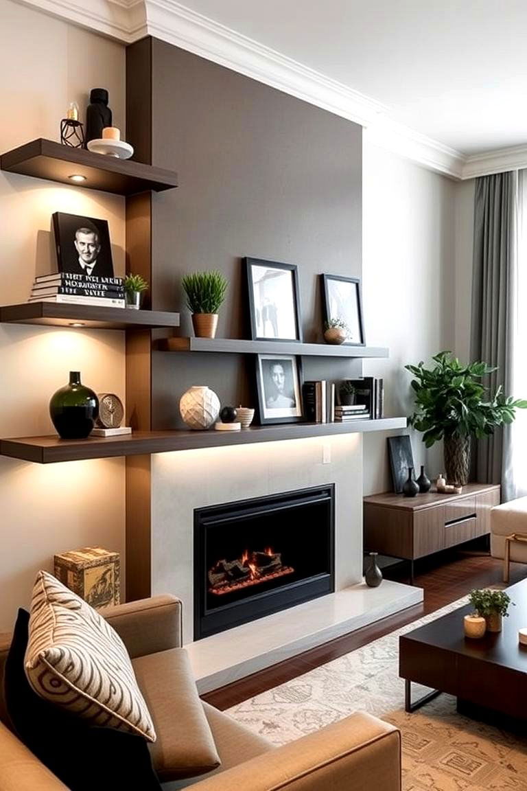 Floating Shelves with Fireplace Integration - 24 Fireplace Wall Ideas