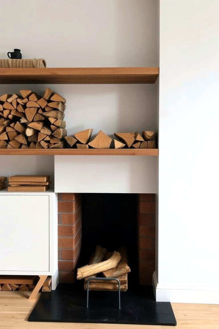 Floating Shelves with Firewood Display - 24 Scandinavian Fireplace Ideas