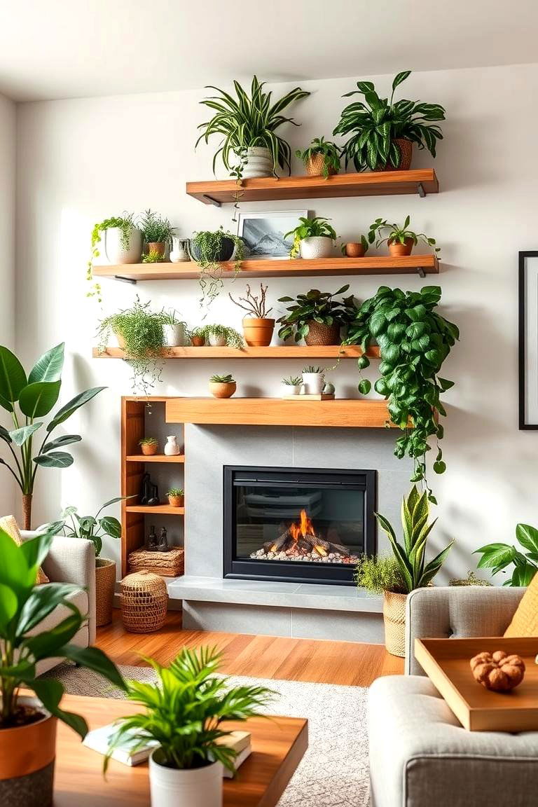 Floating Shelves with Greenery - 24 Fireplace Floating Shelves Design Ideas