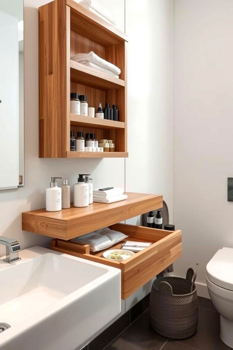 Floating Shelves with Hidden Storage - 24 Bathroom Shelf Ideas