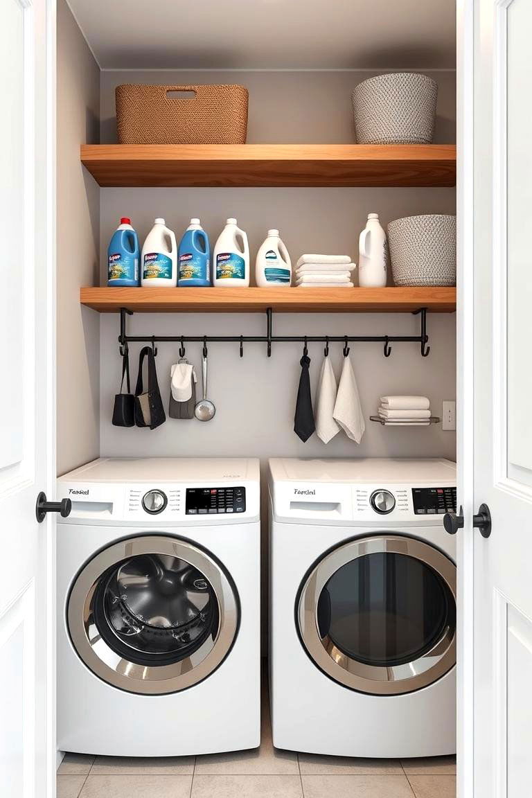 Floating Shelves with Hooks for Additional Storage - 24 Laundry Detergent Storage Ideas