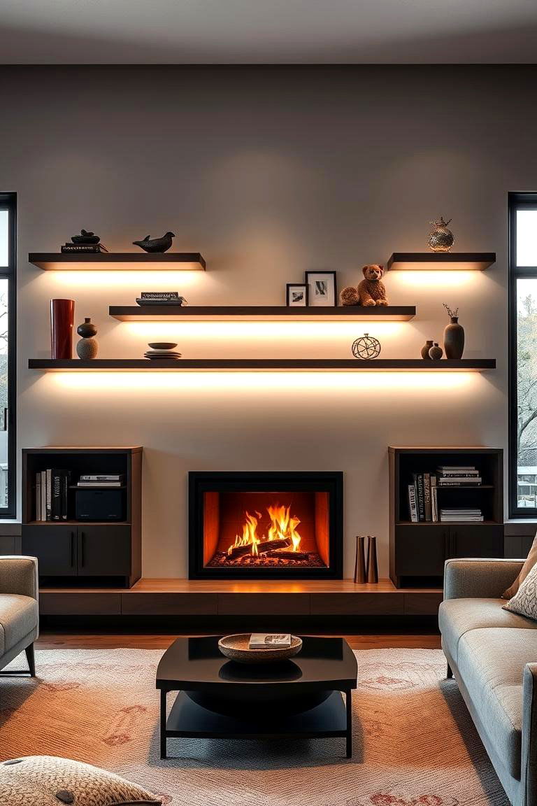 Floating Shelves with Integrated Lighting - 24 Fireplace Floating Shelves Design Ideas