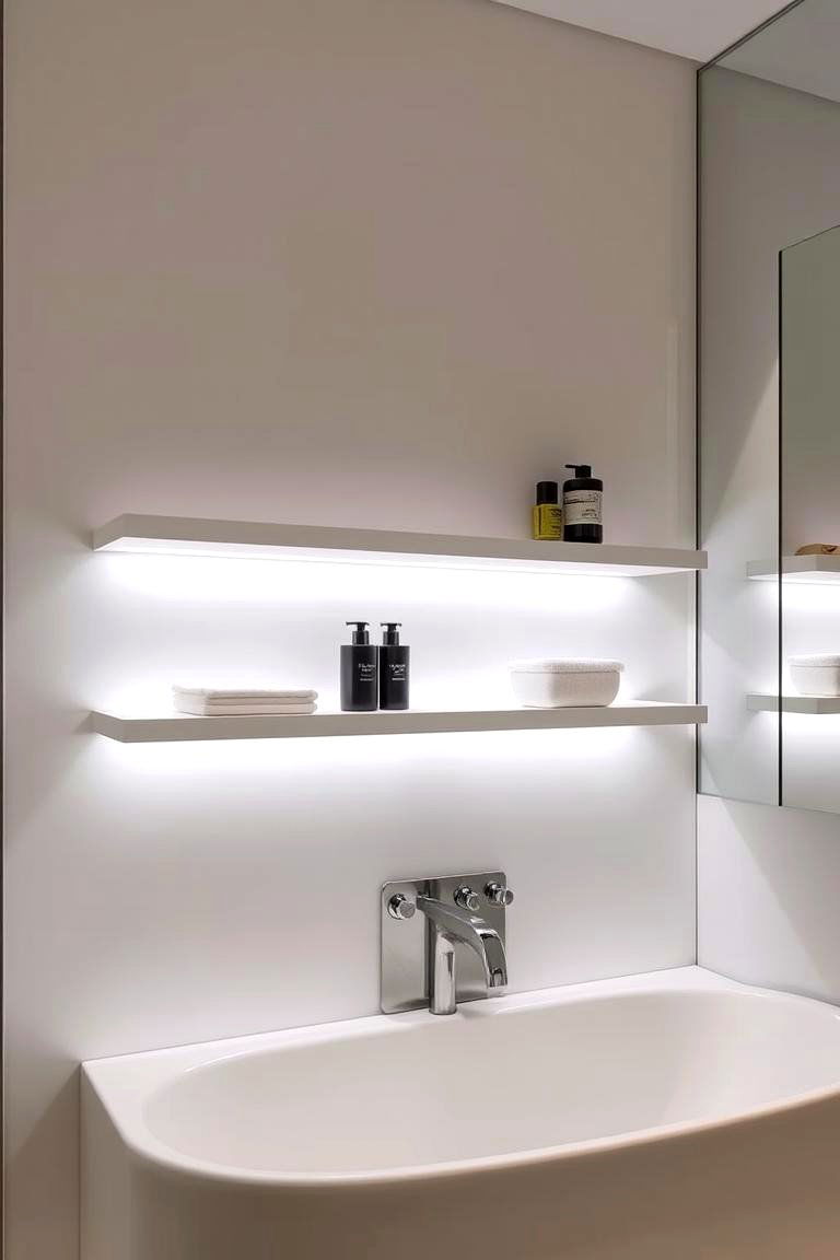 Floating Shelves with Integrated Lighting - 24 Bathroom Shelf Ideas