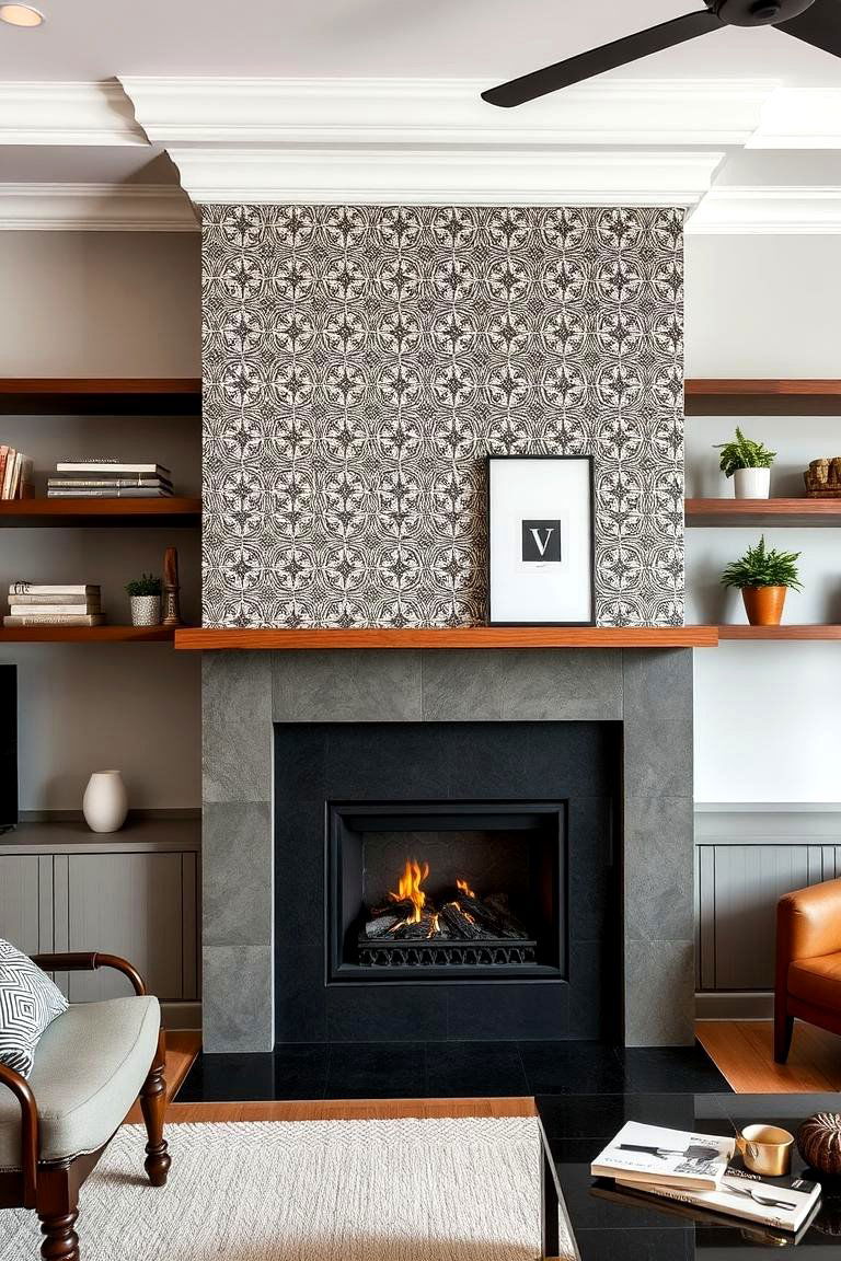 Floating Shelves with Patterned Tile Backdrops - 24 Fireplace Floating Shelves Design Ideas