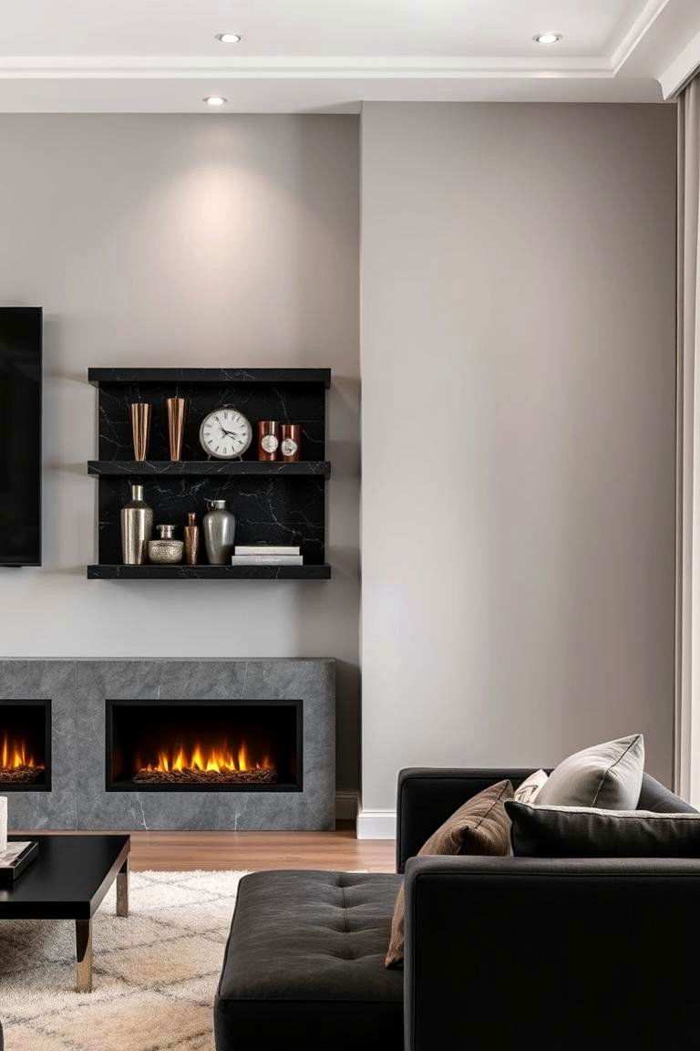 Floating Shelves with a Dark Marble Look - 24 Fireplace Floating Shelves Design Ideas