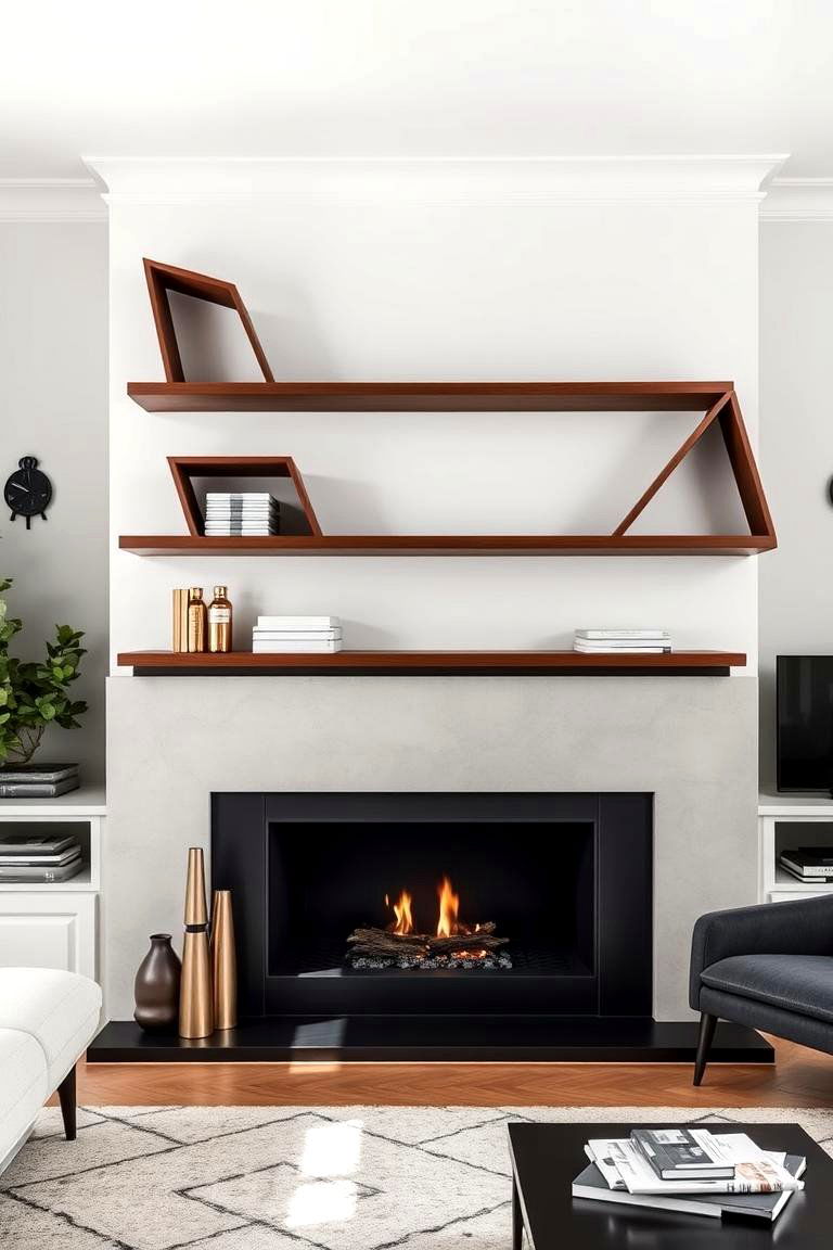 Floating Shelves with a Geometric Design - 24 Fireplace Floating Shelves Design Ideas