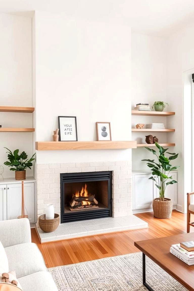 Floating Shelves with a Soft Wood Finish - 24 Fireplace Floating Shelves Design Ideas