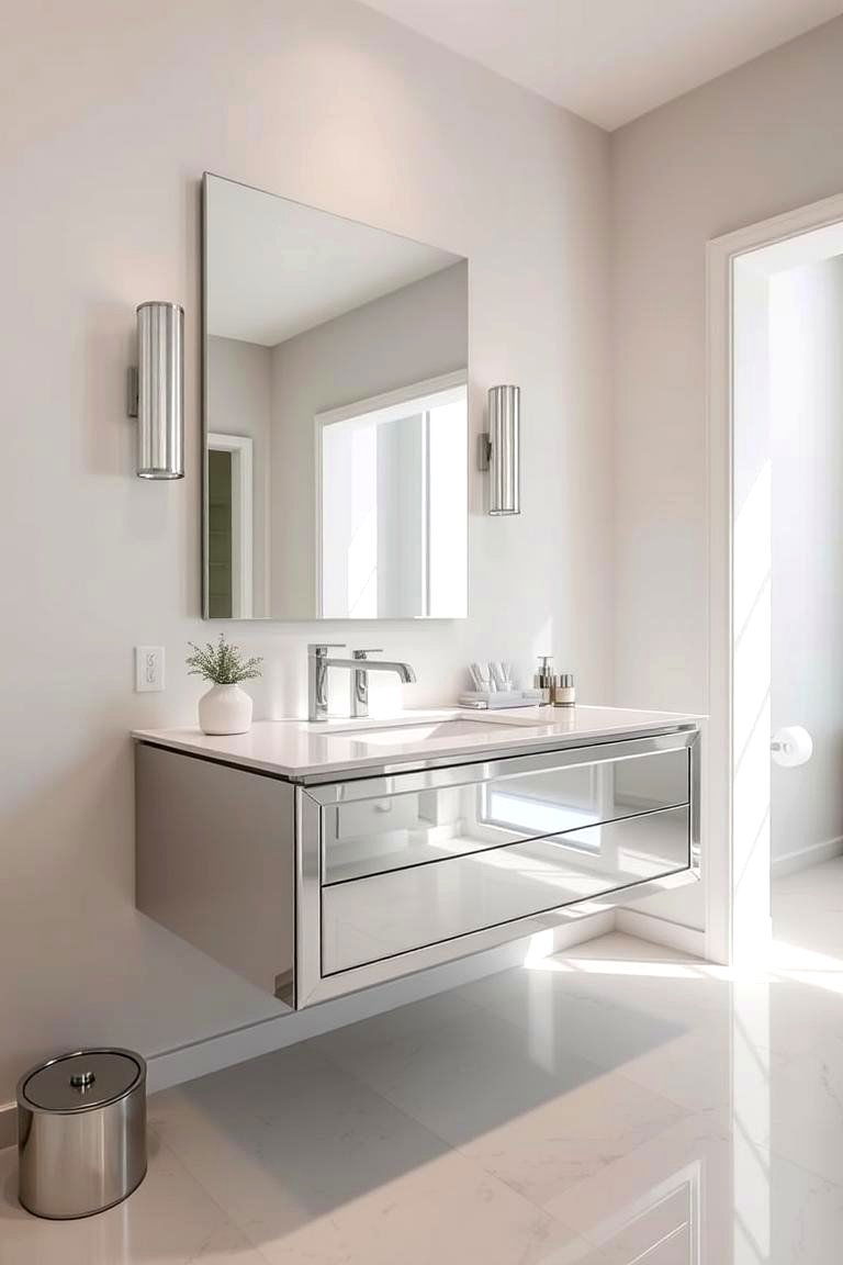 Floating Vanity with Mirrored Finish - 24 Floating Vanity Bathroom Ideas