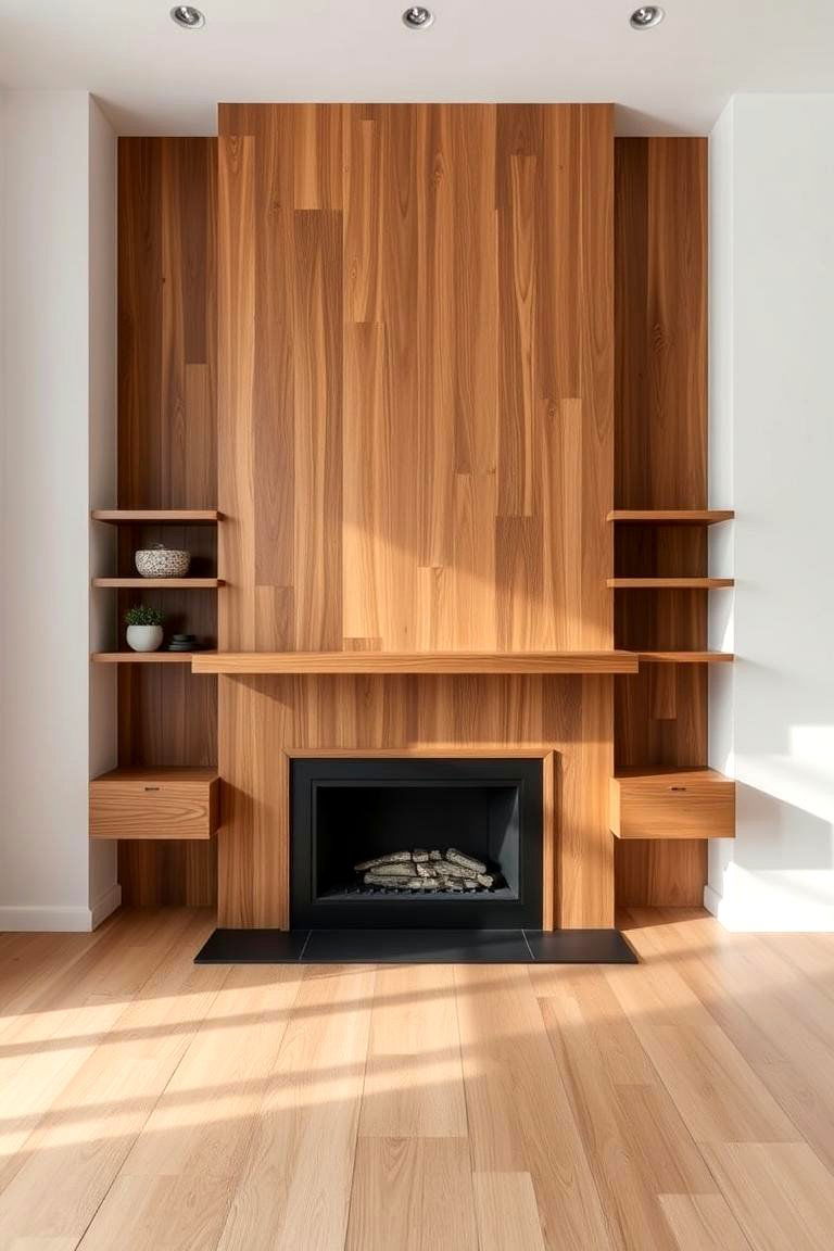 Floating Wood Shelf Wall - 24 Fireplace Accent Wall Ideas