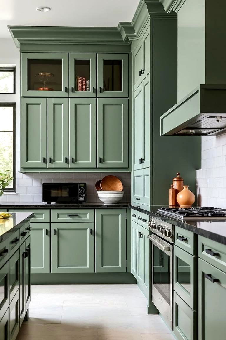 Floor to Ceiling Sage Green Cabinetry with Black Edges - 24 Sage Green and Black Kitchen Ideas
