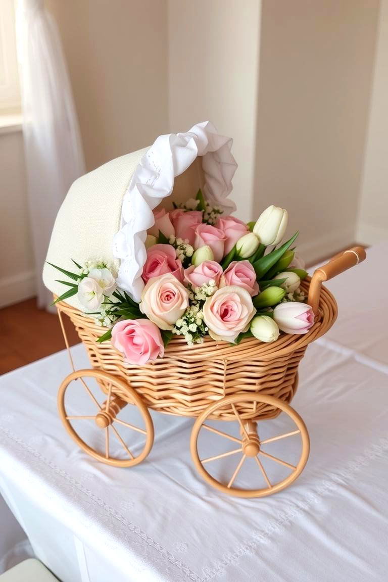 Floral Baby Carriage Centerpiece - 24 Baby Shower Centerpiece Ideas