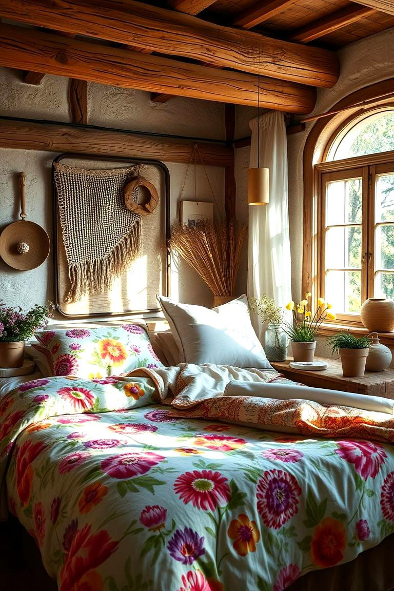 Floral Bedding and Natural Textures - 24 Cottagecore Bedroom Ideas