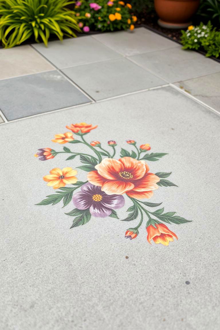 Floral Corner Detail - 24 Painted Concrete Patio Ideas
