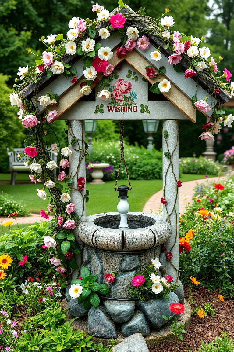 Floral Embellished Wishing Well - 24 Outdoor Wishing Well Garden Ideas