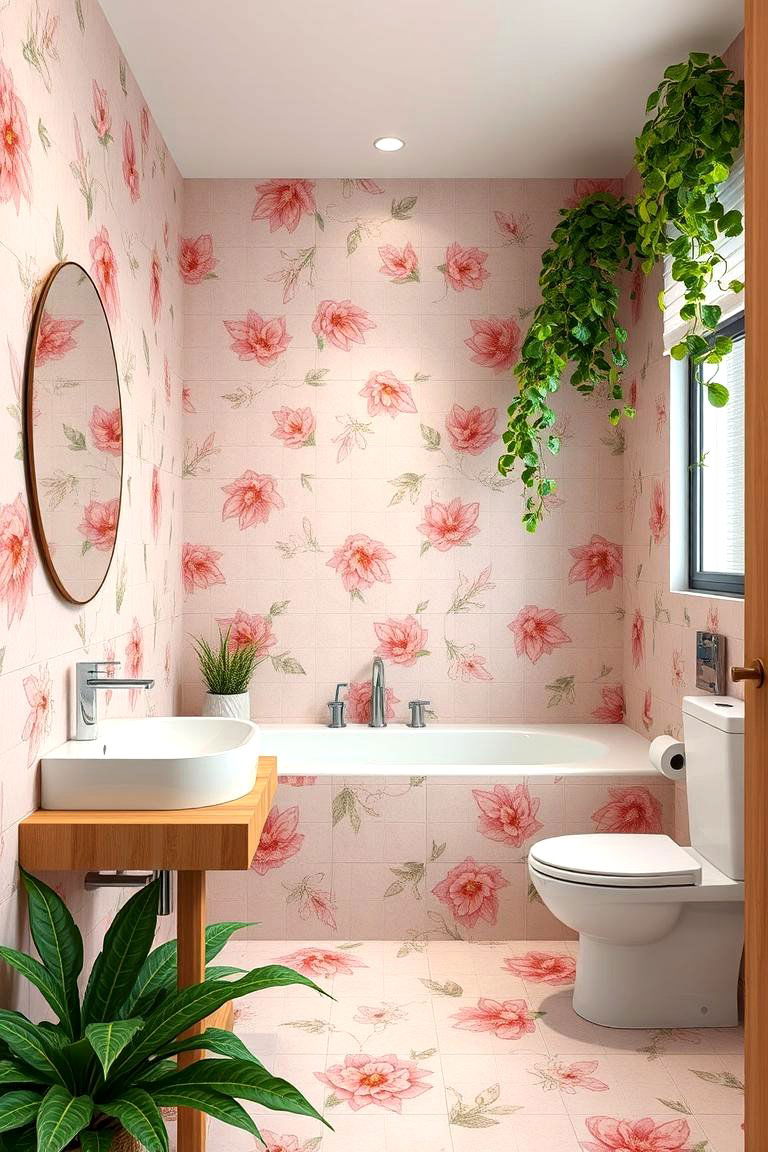 Floral Pink Motifs - 24 Pink Tile Bathroom Ideas