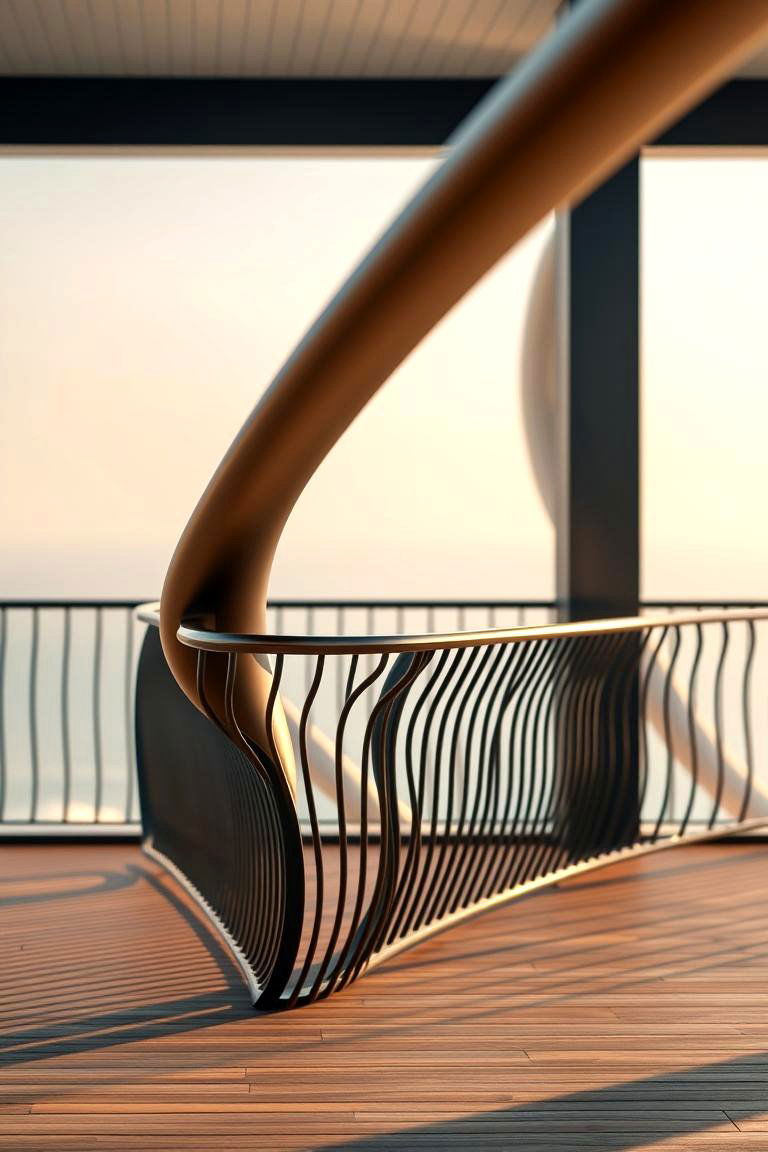 Fluid Curved Black Railing Design for Dynamic Spaces - 24 black deck railing ideas