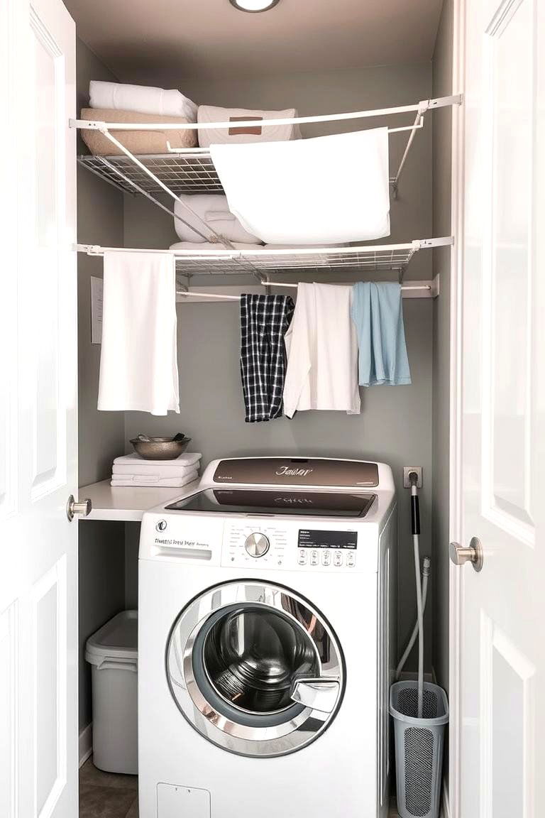 Foldable Drying Lines Convenient and Collapsible - 24 Small Laundry Room Ideas With a Top Load Washing Machine