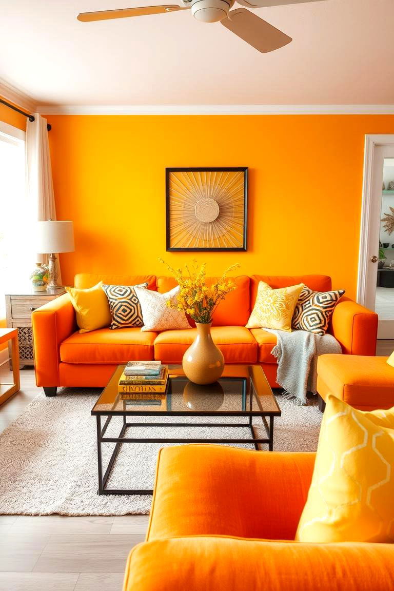 For a playful and youthful vibe think about incorporating pops of bright yellow - 24 Orange Couch Living Room Ideas