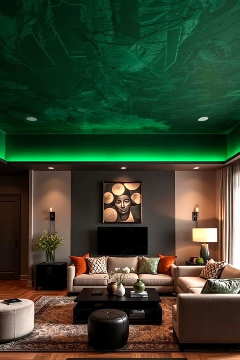 Forest Green Accent Ceiling - 24 Forest Green Living Room Ideas