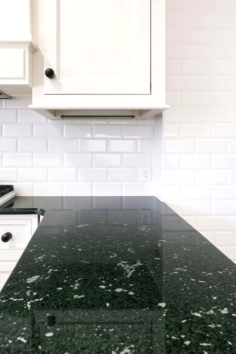 Forest Green Granite Countertops with White Subway Tile Backsplash - 24 Kitchen With Green Countertops Ideas