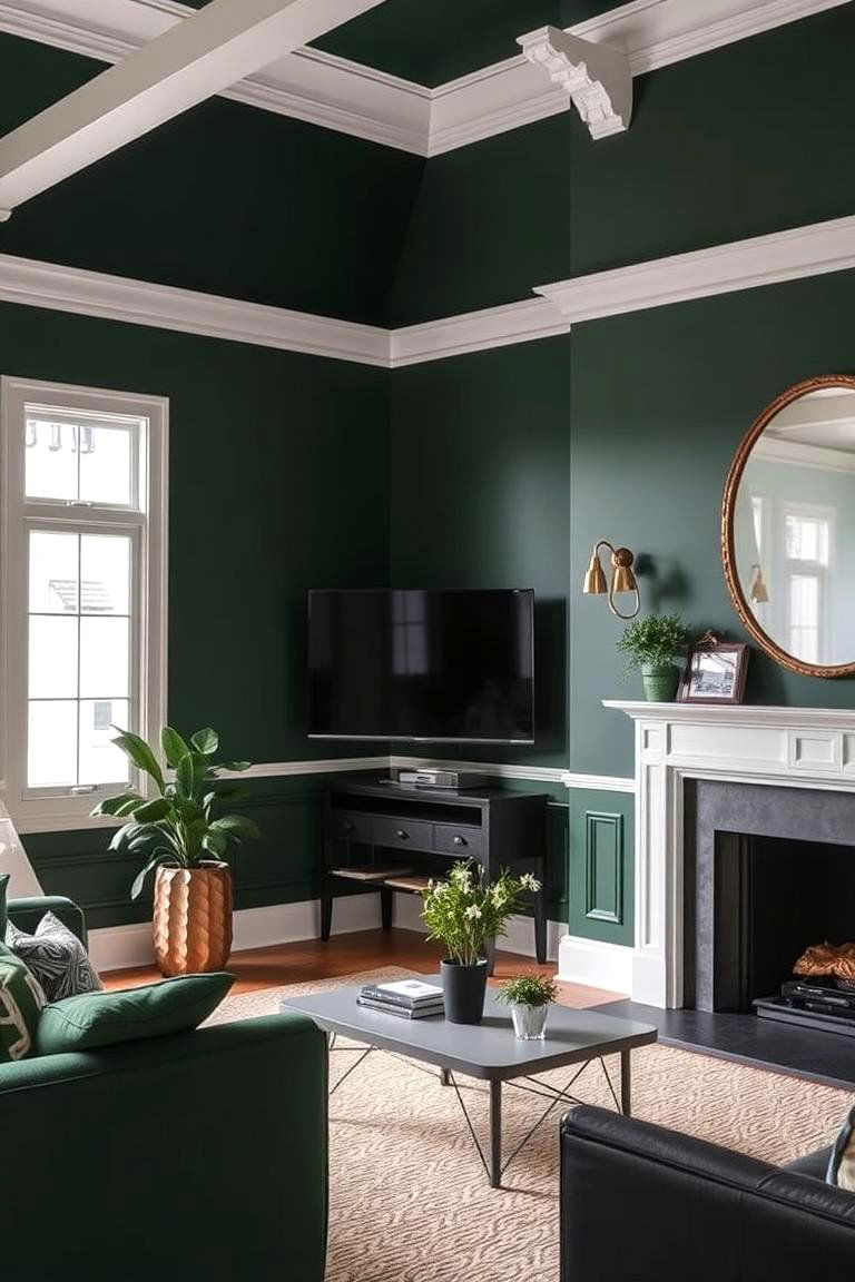 Forest Green Walls with White Trim - 24 Forest Green Living Room Ideas