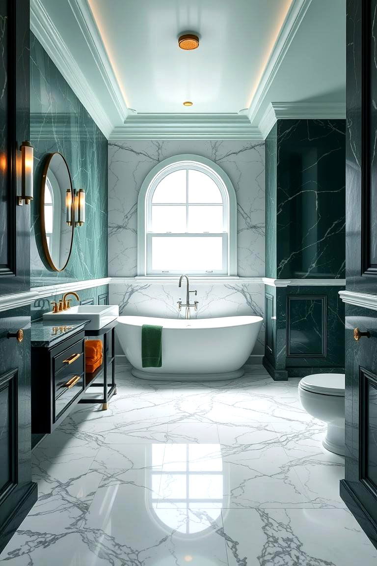 Forest Green and White Marble Flooring for a High End Look - 24 Forest Green Bathroom Ideas