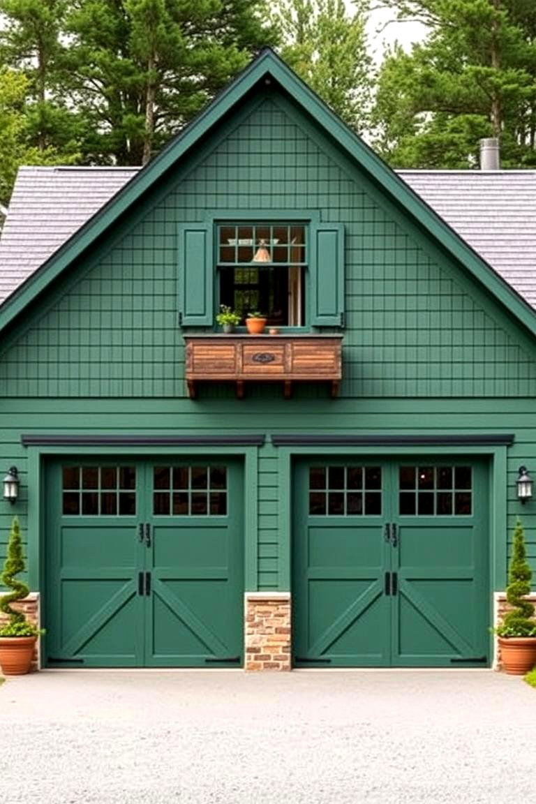 Forest Green with Barn Style Garage Doors - 24 Farmhouse Green Exterior Home Ideas