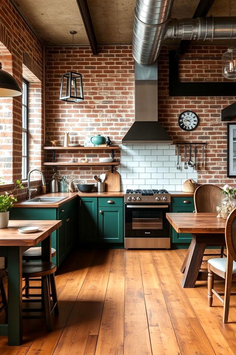 Forest Green with Exposed Brick Walls - 24 Forest Green Kitchen Ideas