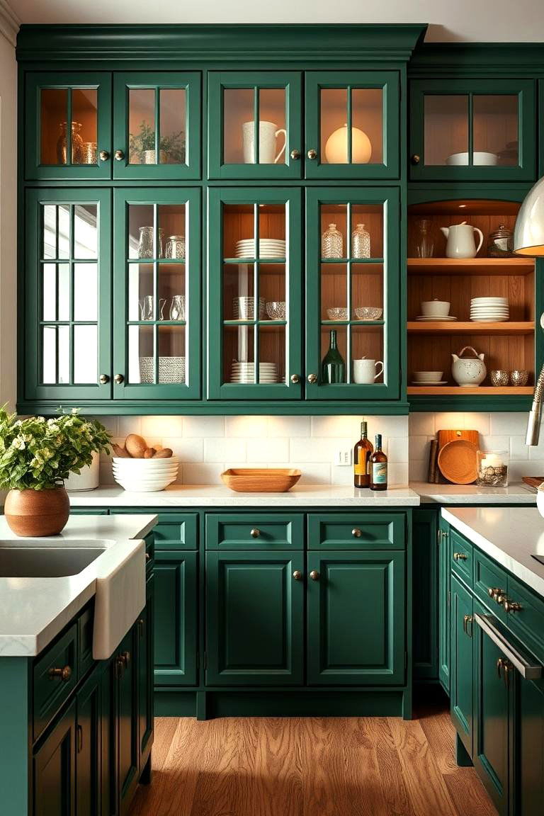 Forest Green with Glass Cabinets - 24 Forest Green Kitchen Ideas