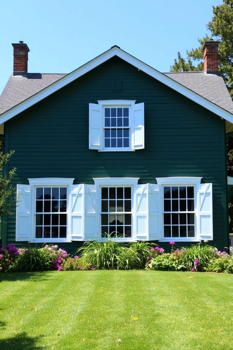 Forest Green with White Shutters - 24 Farmhouse Green Exterior Home Ideas
