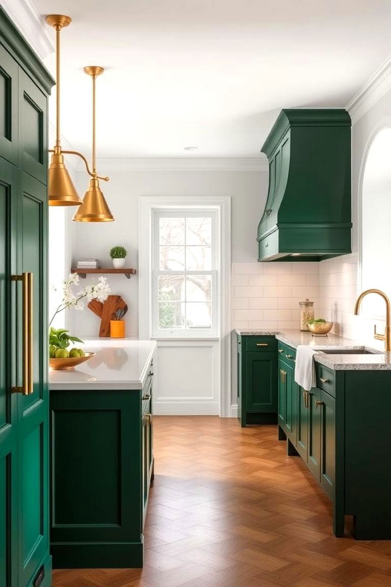 Forest Green with White and Brass Lighting - 24 Forest Green Kitchen Ideas