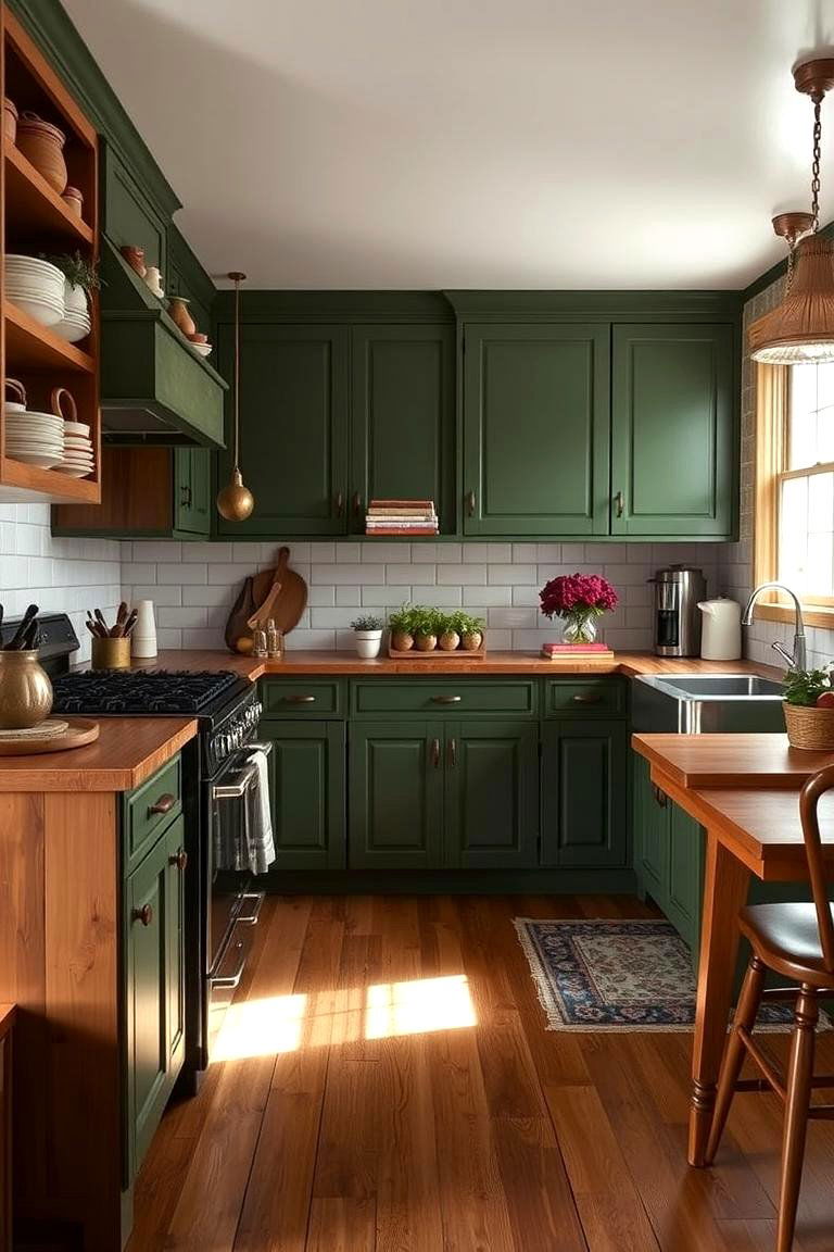 Forest Green with Wood Flooring - 24 Forest Green Kitchen Ideas