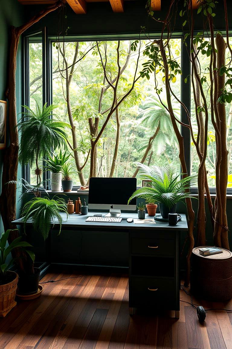 Forest Inspired Desk Setup - 24 Dark Green Home Office Ideas