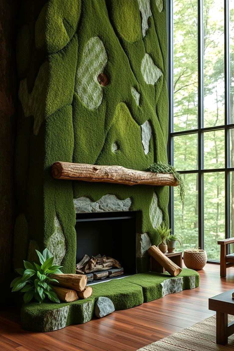 Forest Inspired Green Fireplace with Natural Textures - 24 Green Fireplace Ideas
