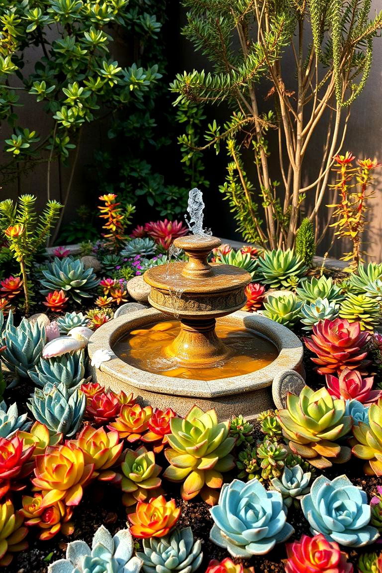 Fountain Adorned Succulent Garden - 24 Succulent Garden Ideas