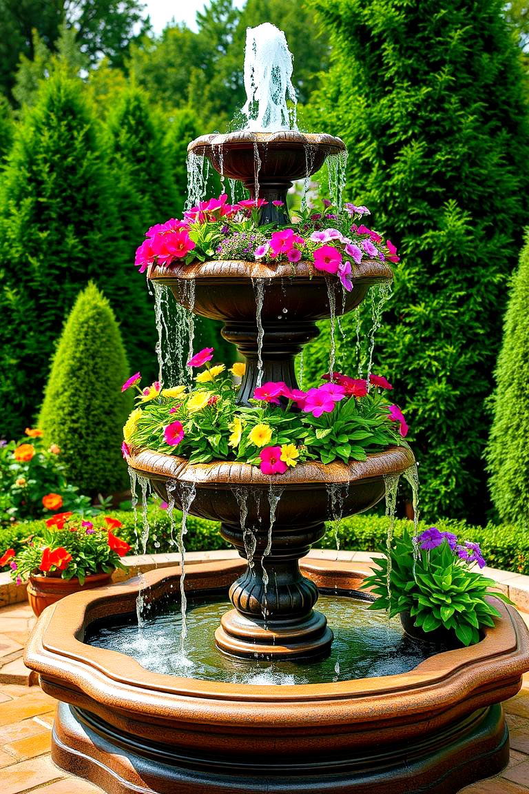 Fountain with Planters - 24 Backyard Fountain Ideas