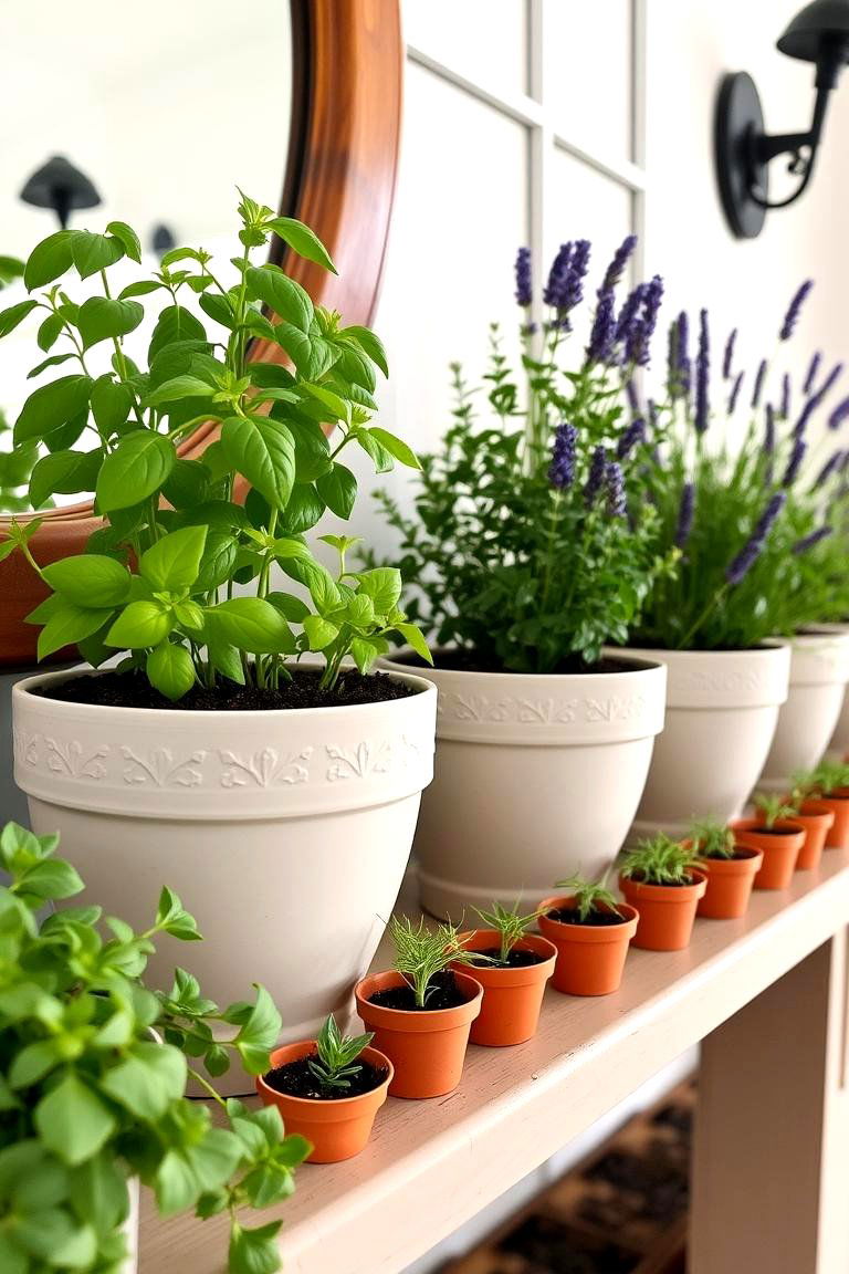 Fragrant Spring Herbs in Pots - 24 Spring Mantel Decor Ideas