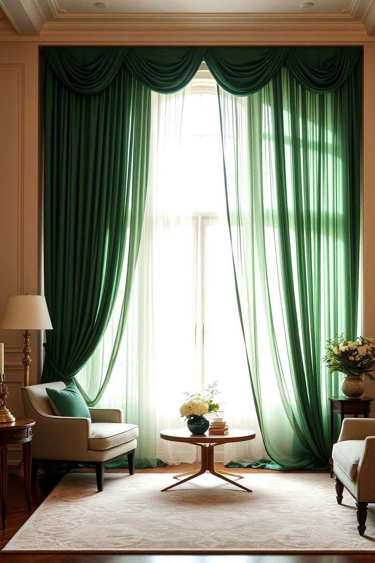Frame the View with Green Curtains and Blinds - 24 Green Living Room Ideas